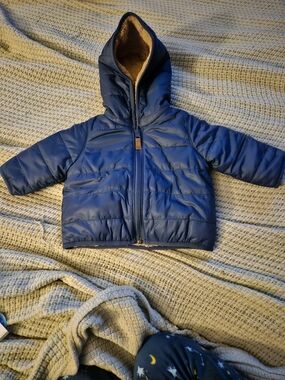 Navy Puffer Hooded Baby Jacket - Faux Fur Lined Hood